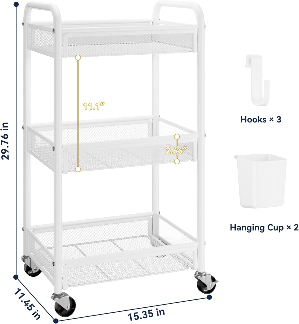 YASONIC 3 Tier Rolling Cart – Metal Utility Storage Cart with Wheels, Craft Carts Organizer with