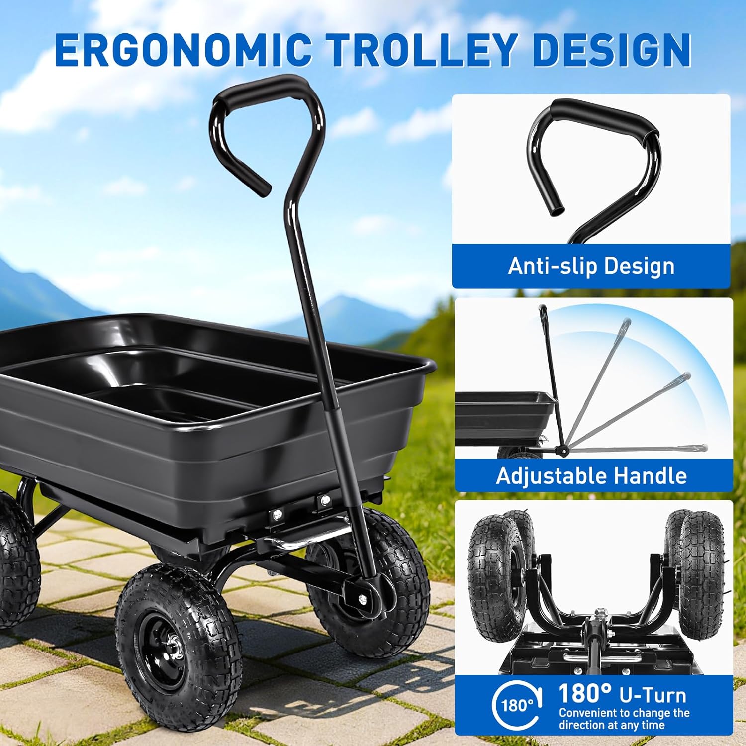 Yesker Garden Carts - 600lbs Dump Wagon with All Terrain Inflatable Wheels for Yard Lawn Farms