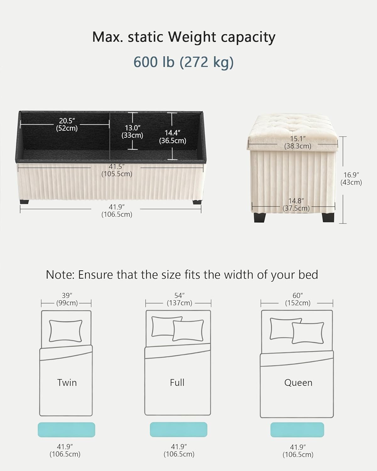 Storage Ottoman Bench, 43 Inch Foldable Ottoman with Legs, Velvet Foot Rest Stool, End of Bed