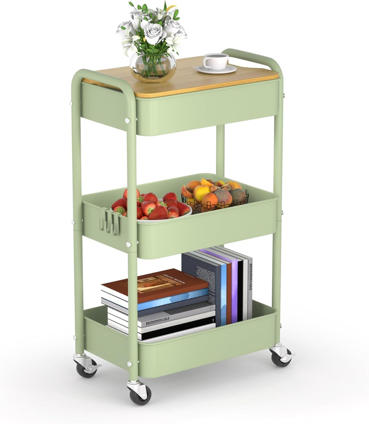 3 Tier Metal Utility Cart, Rolling Storage Cart with Wooden Tabletop, Metal Organizer Cart with