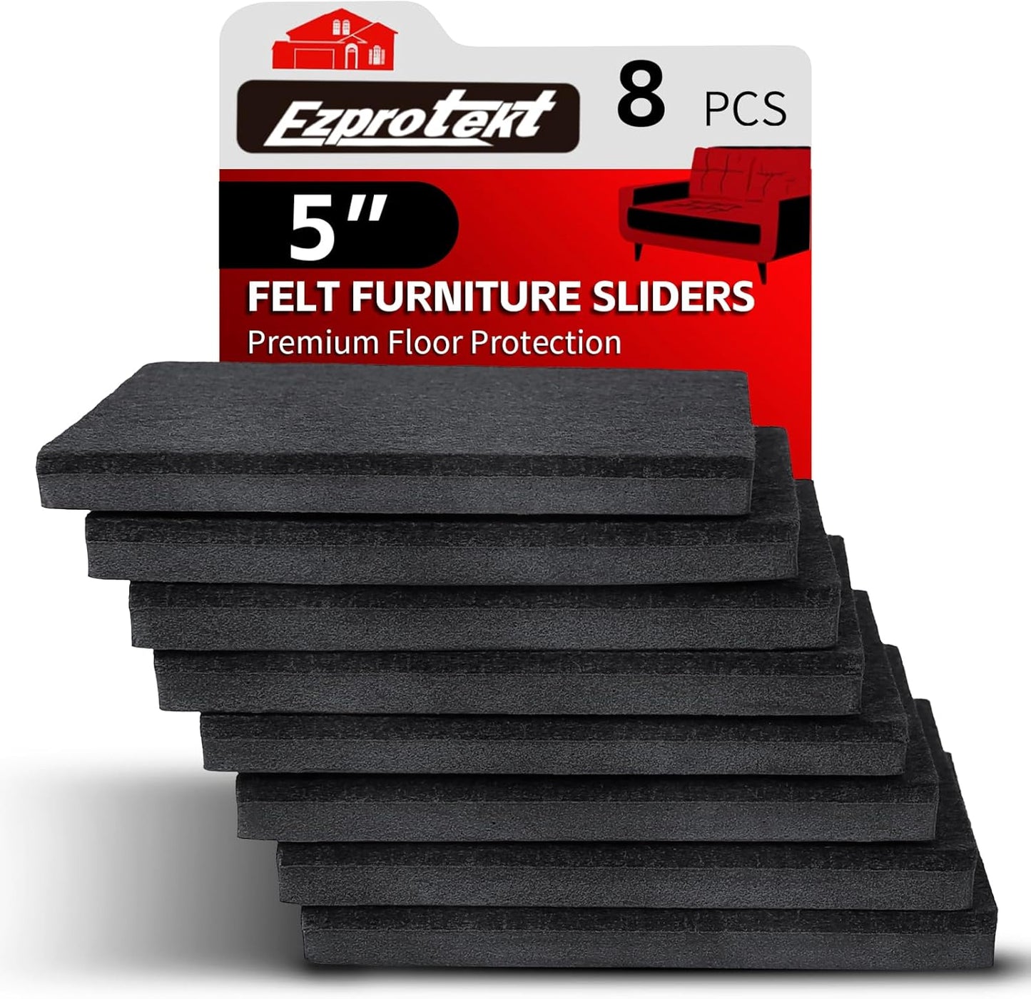 Ezprotekt 5" Square Felt Furniture Movers Sliders for Hardwood Floors, 8 Pcs Reusable Felt