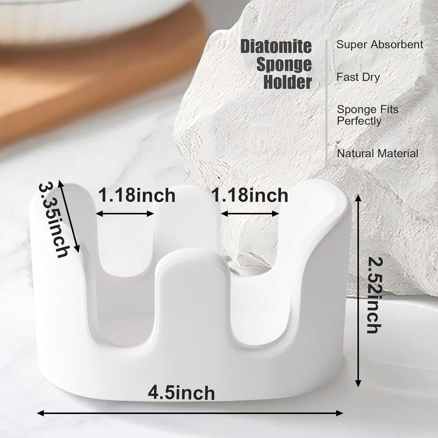 2 Pack Double Sponge Holder, Diatomite Stone Absorbent Sponge Stand for Kitchen Sink - Quick Dry