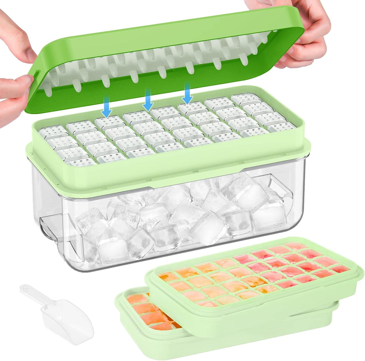 PHINOX Ice Cube Tray With Lid and Bin, Ice Trays for Freezer, Flexible Ice Cube Trays, Making 64
