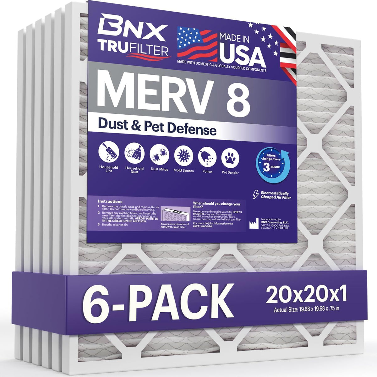 BNX TruFilter 20x20x1 Air Filter MERV 8 (6-Pack) - MADE IN USA – Dust & Pet Defense Electrostatic