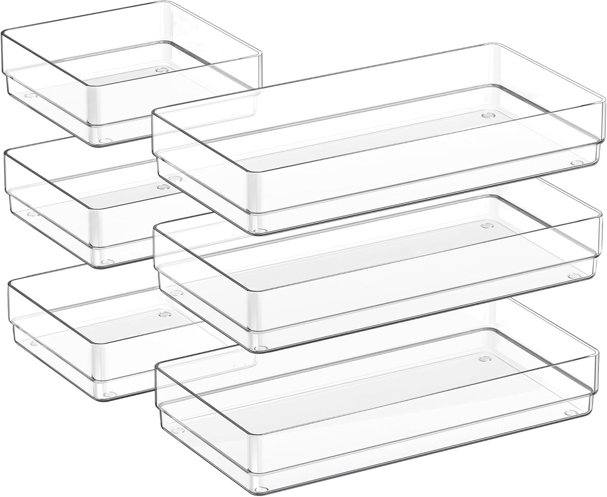 SMARTAKE 6 PCS Clear Plastic Drawer Organizers Set, Large Size Non-Slip Desk Drawer Organizer