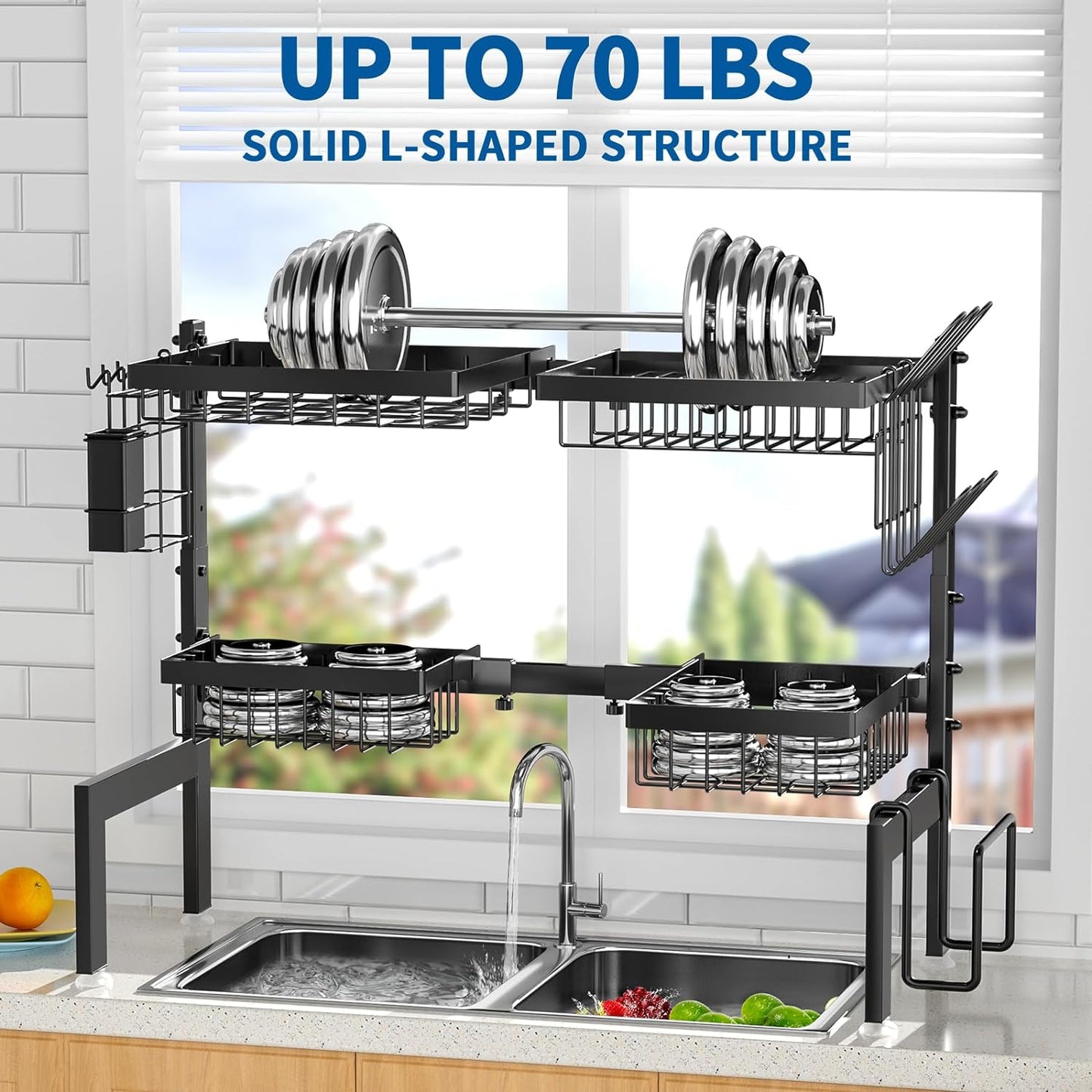 Over The Sink Dish Drying Rack,Expandable 2-Tier Stainless Steel Over The Sink Dish Rack with