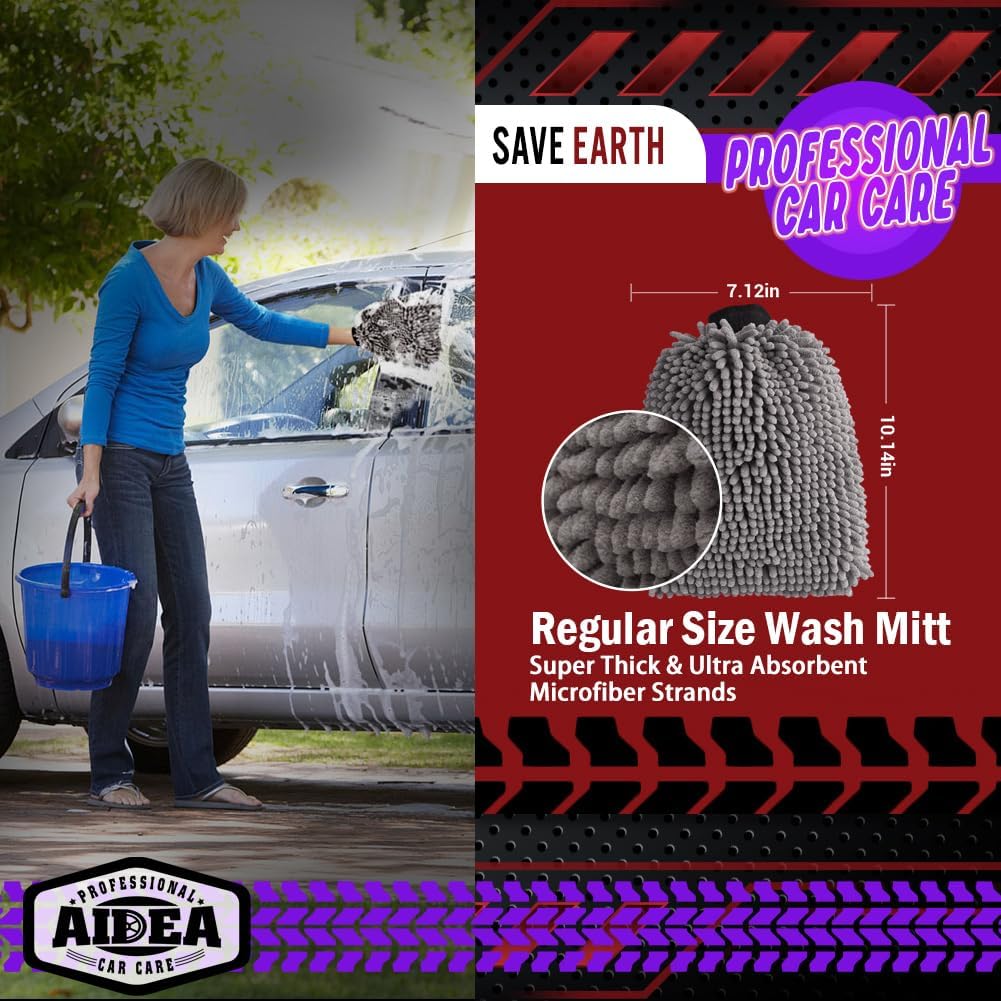AIDEA Car Wash Mitt Microfiber, 1PK Scratch Free Lint-Free, Premium Chenille Microfiber Sponge Mitt