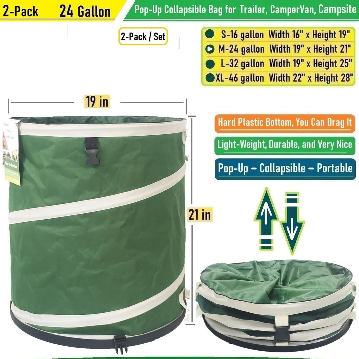 2-Pack 24 Gallon Collapsible Trash Can (19x21 in) Solid Bottom for Pop-Up Trash Can,Recycling