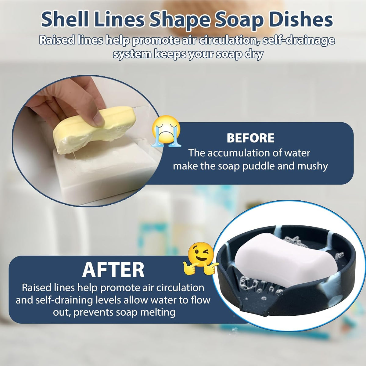 Self Draining Soap Dish, Silicone Suction Cup Soap Holder Tray Savers Container Sponge Holder for