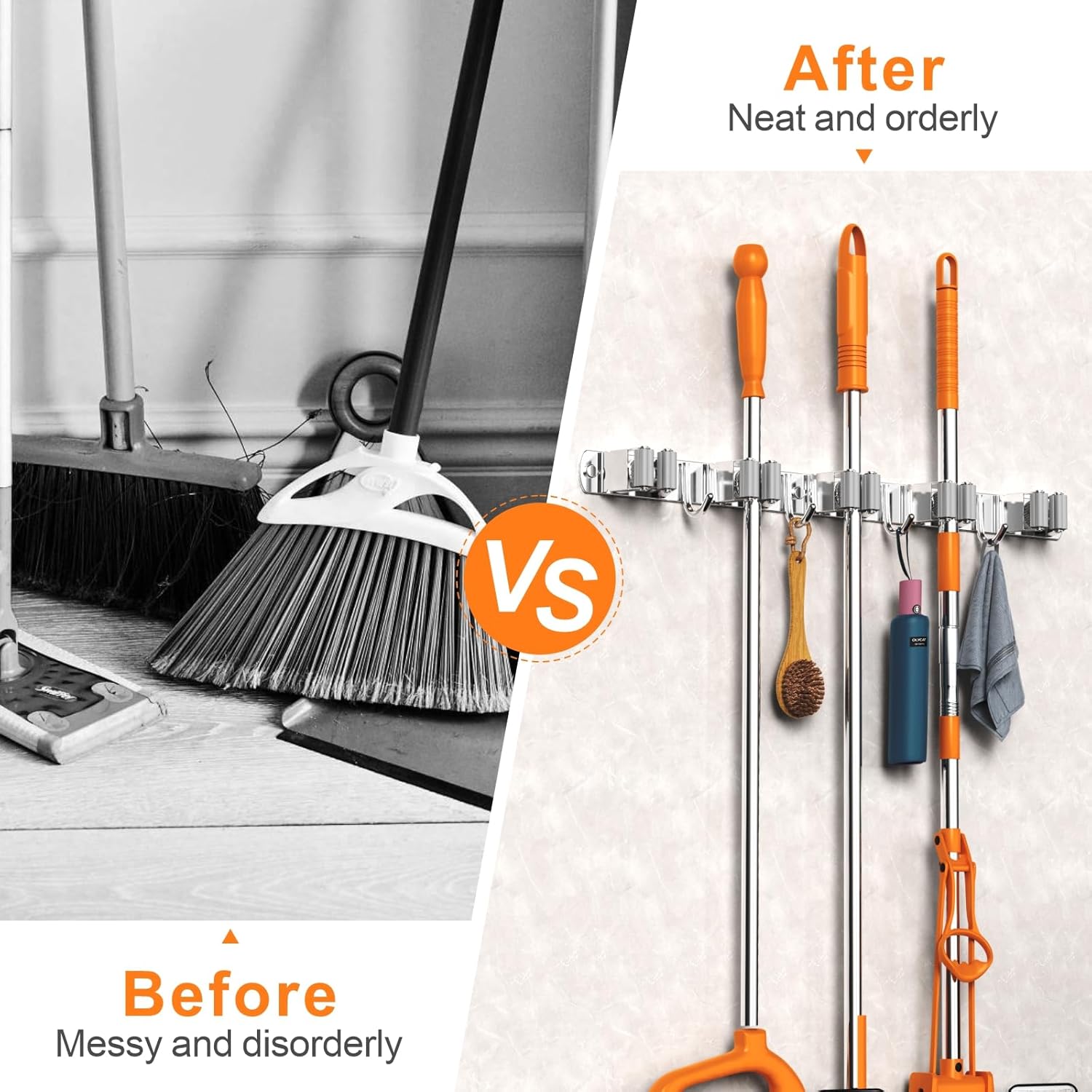 Broom and Mop Organizer Wall Hanging, Upgraded Mop and Broom Holder Wall Mount, Stainless Steel
