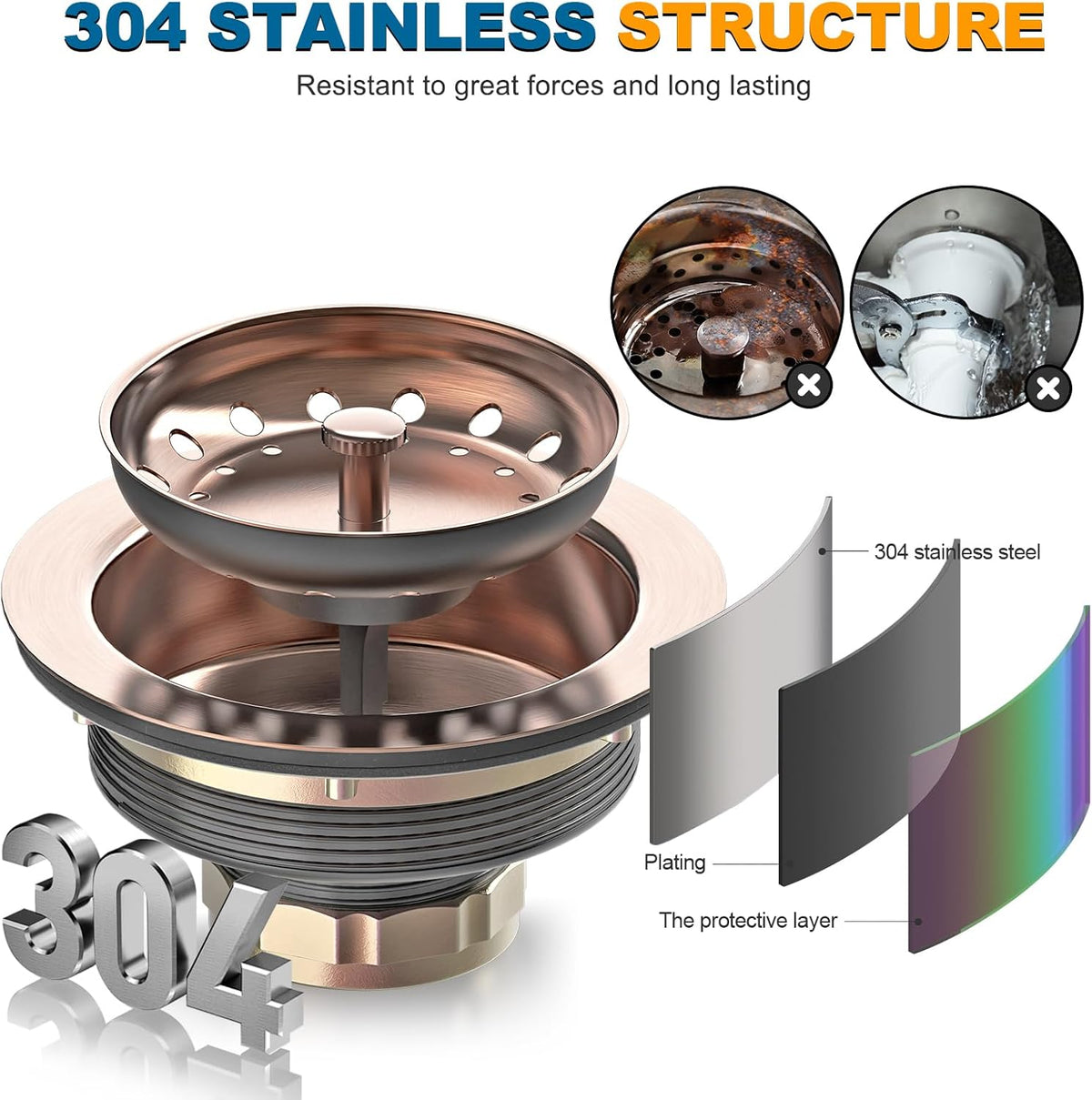 BOTEMY Stainless Steel Copper Sink Drain Strainer Kit 3-1/2 inch Kitchen Drain Assembly with Metal