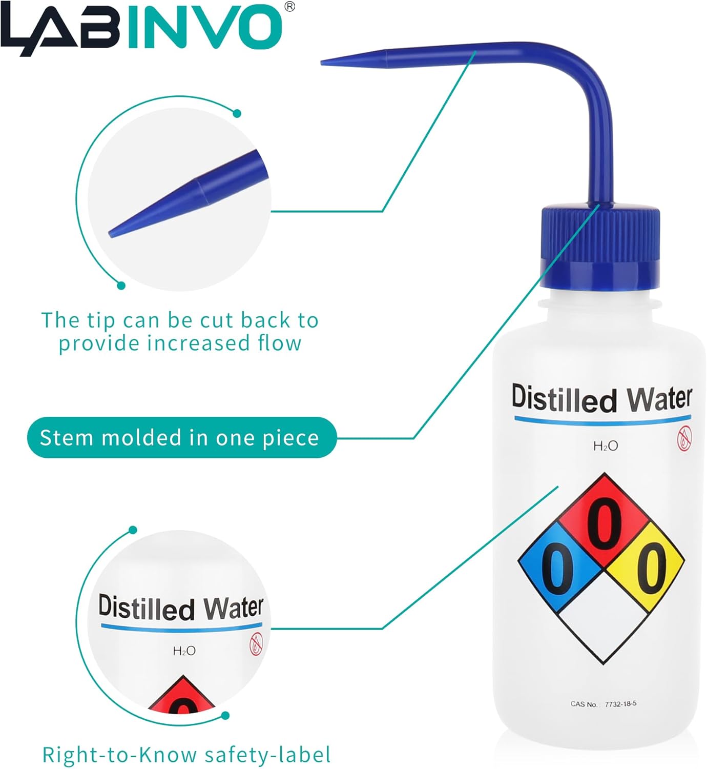 Distilled Water Wash Bottles, 1 PC of Vol.500ml (17oz), Narrow Mouth, Self-Venting Safety Wash