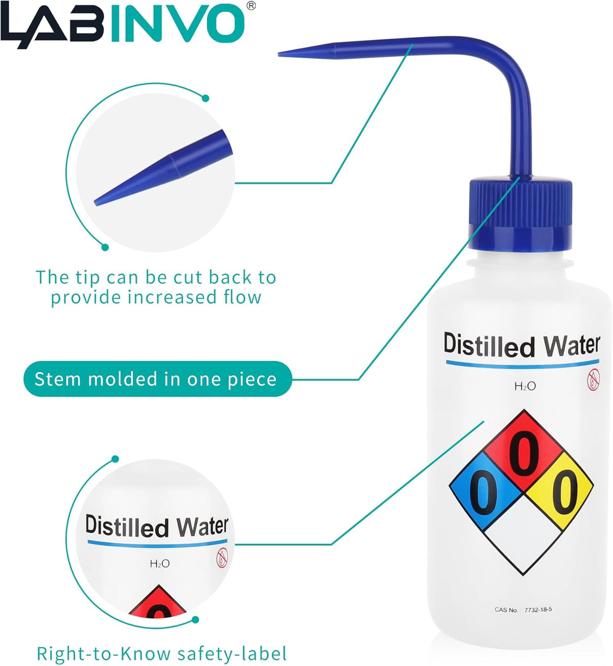 Distilled Water Wash Bottles, 1 PC of Vol.500ml (17oz), Narrow Mouth, Self-Venting Safety Wash
