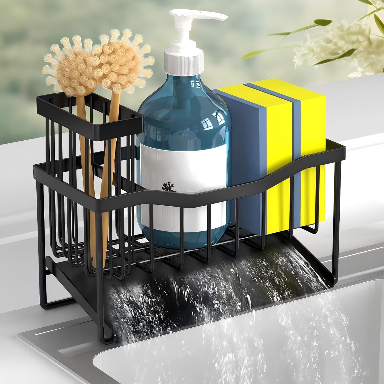 Maifan Sink Caddy Sponge Holder for Kitchen with Brush Holder and Stainless Steel Self Drain Tray