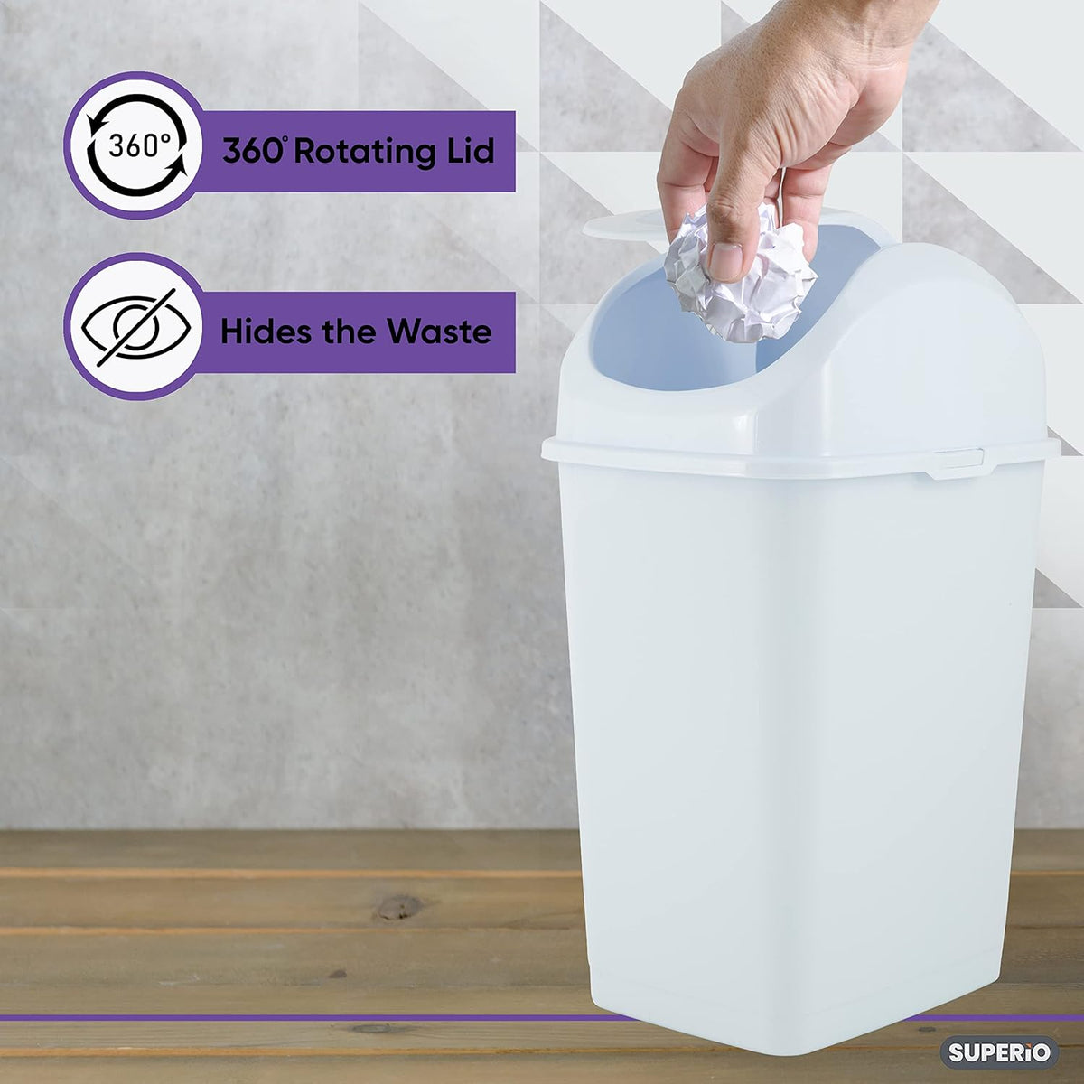 Superio Small 2.5 Gallon Plastic Trash Can with Swing Top Lid, Compact Slim Waste Bin for Under