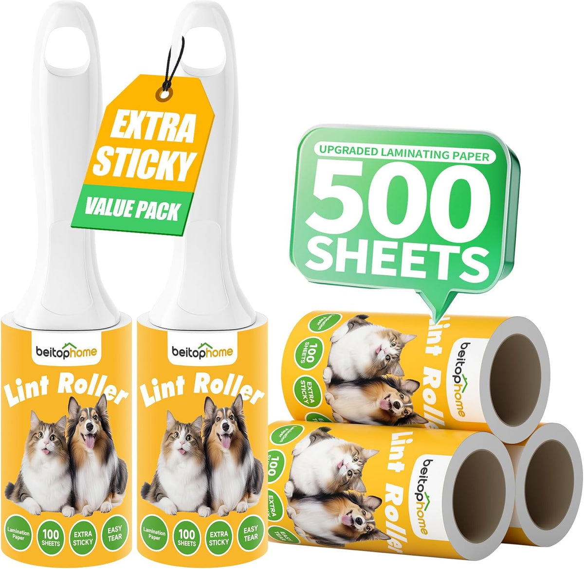 Extra Sticky Lint Roller for Pet Hair – 500 Sheets, Reinforced 2 Handles, Dog & Cat Hair Remover