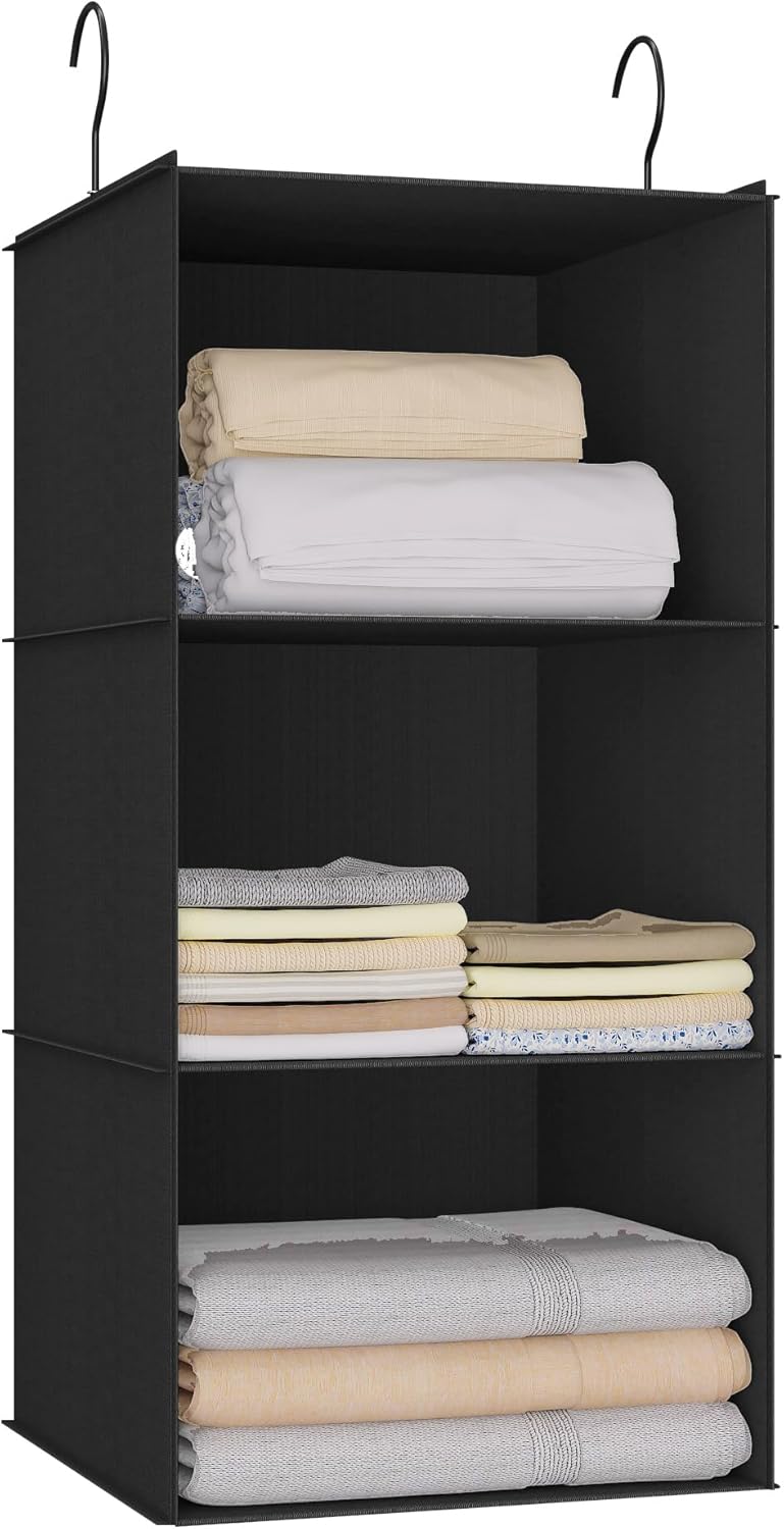 Hanging Closet Organizer - 3-Shelf, Easy Mount Foldable Wardrobe Storage Shelves for Clothes
