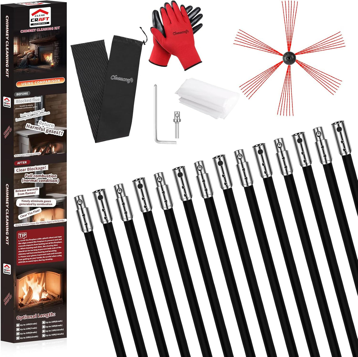46 Feet Chimney Sweep Kit, Chimney Cleaning Kit with 14 Flexible Black Chimney Rods, Chimney Brush