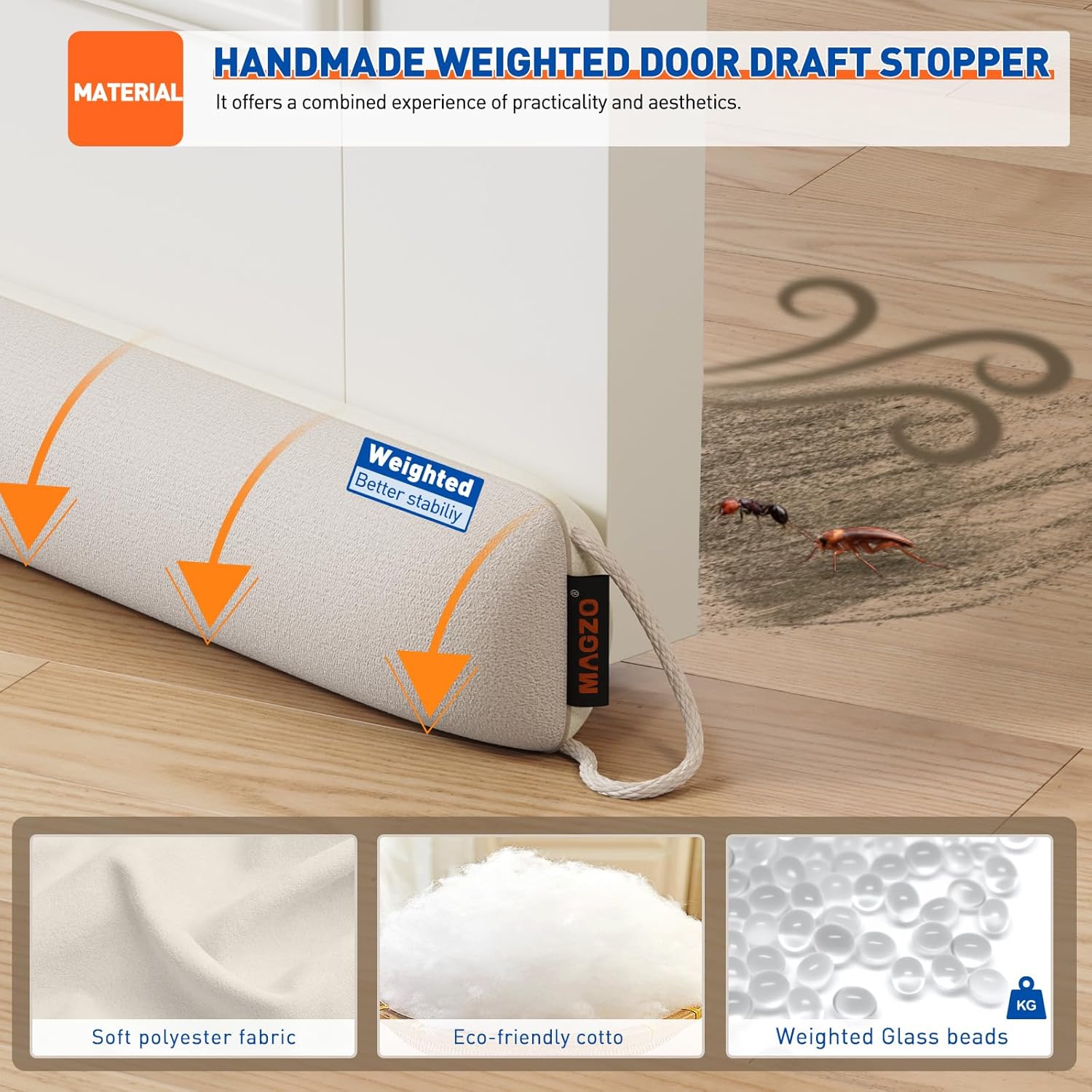 MAGZO Door Draft Stopper 36 Inch-Beige, Under Door Draft Blocker Air Stopper Door Bottom Insulation