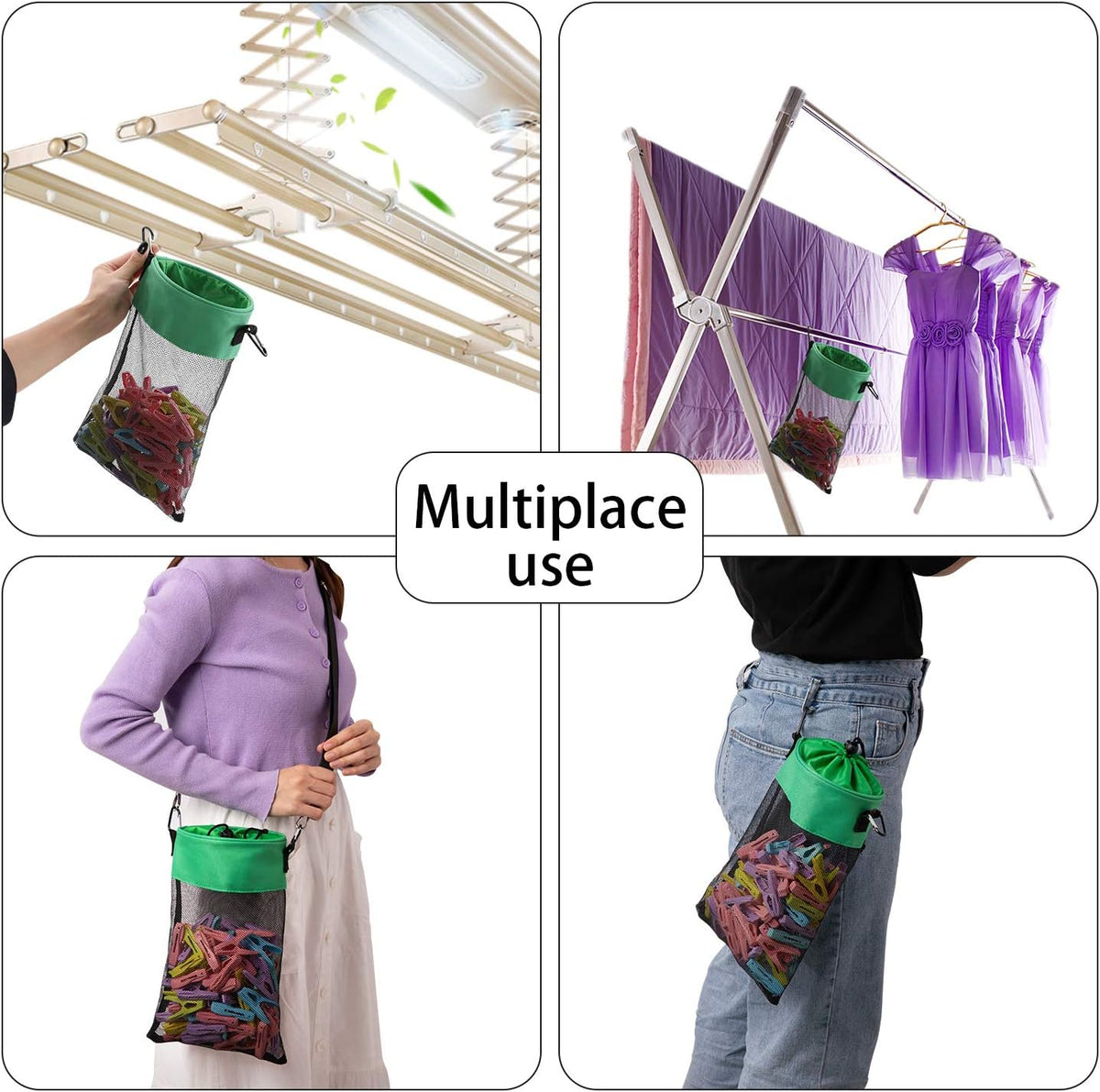 Mesh Clothespin Bag with Hooks Hanging Clothes Pin Bag with Drawstring Closure Clothespin Holder