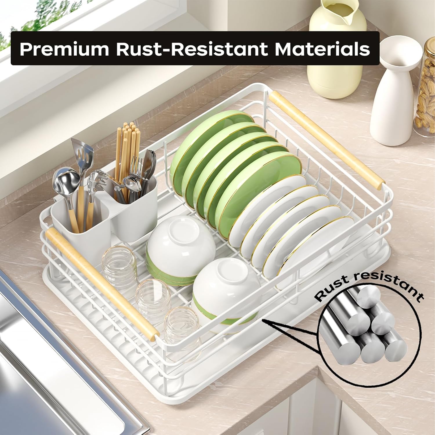 Dish Racks for Kitchen Counter: Wooden Handles, Thickened Metal, No Assembly. Small Dish Drying