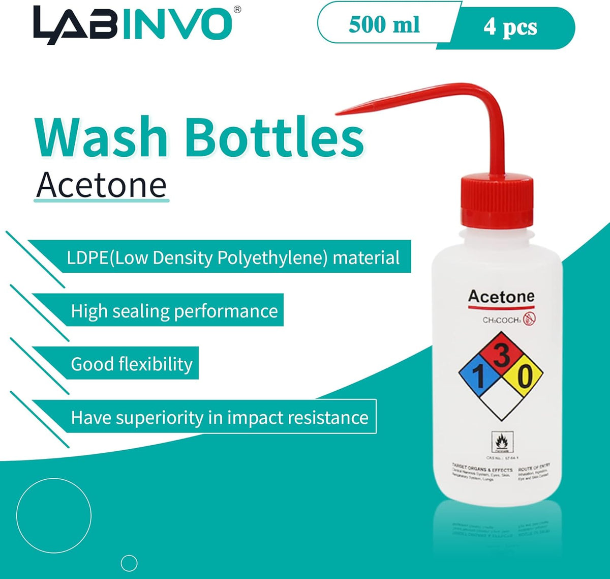 4pcs of Acetone Wash Bottles, Vol.500ml (17oz), Narrow Mouth, Self-Venting Safety Wash Bottles