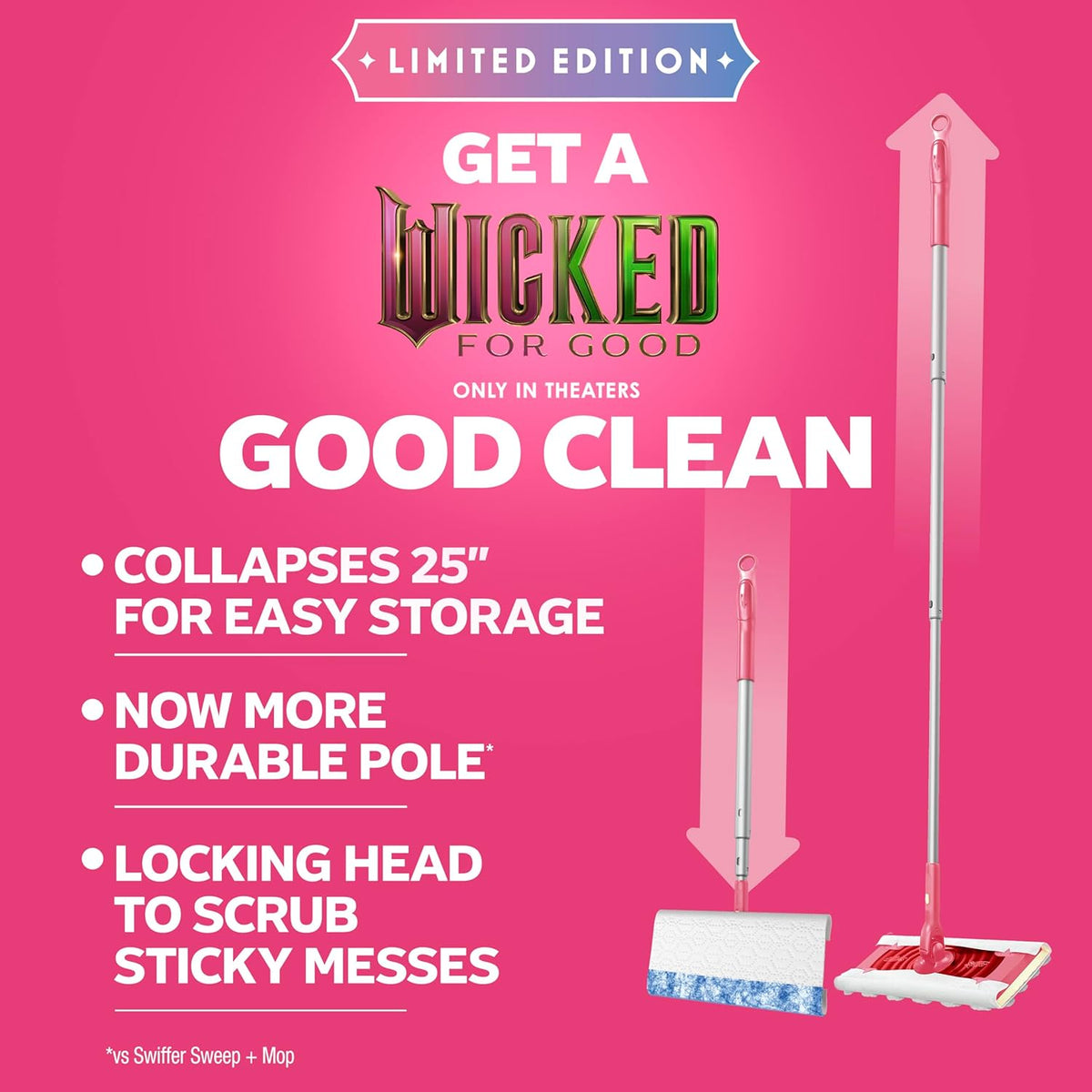 Swiffer Sweep and Mop Deluxe, Limited Edition Pink Wicked: for Good, 2-in-1 Floor Mopping and