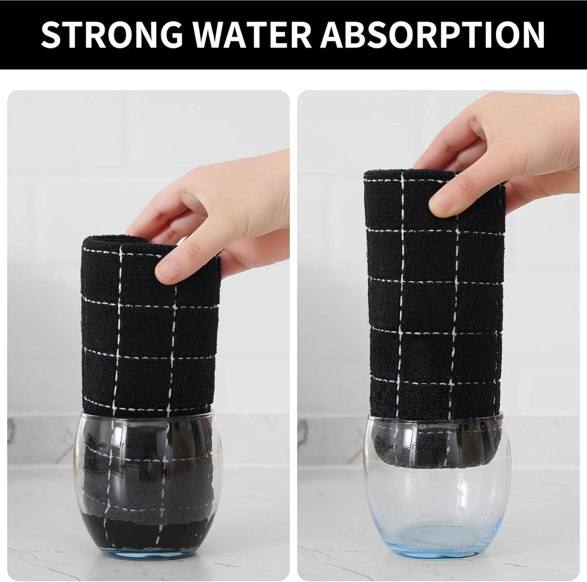 Homaxy 100% Cotton Terry Kitchen Towels(Black, 20 x 28 inches), Checkered Designed, Soft and Super
