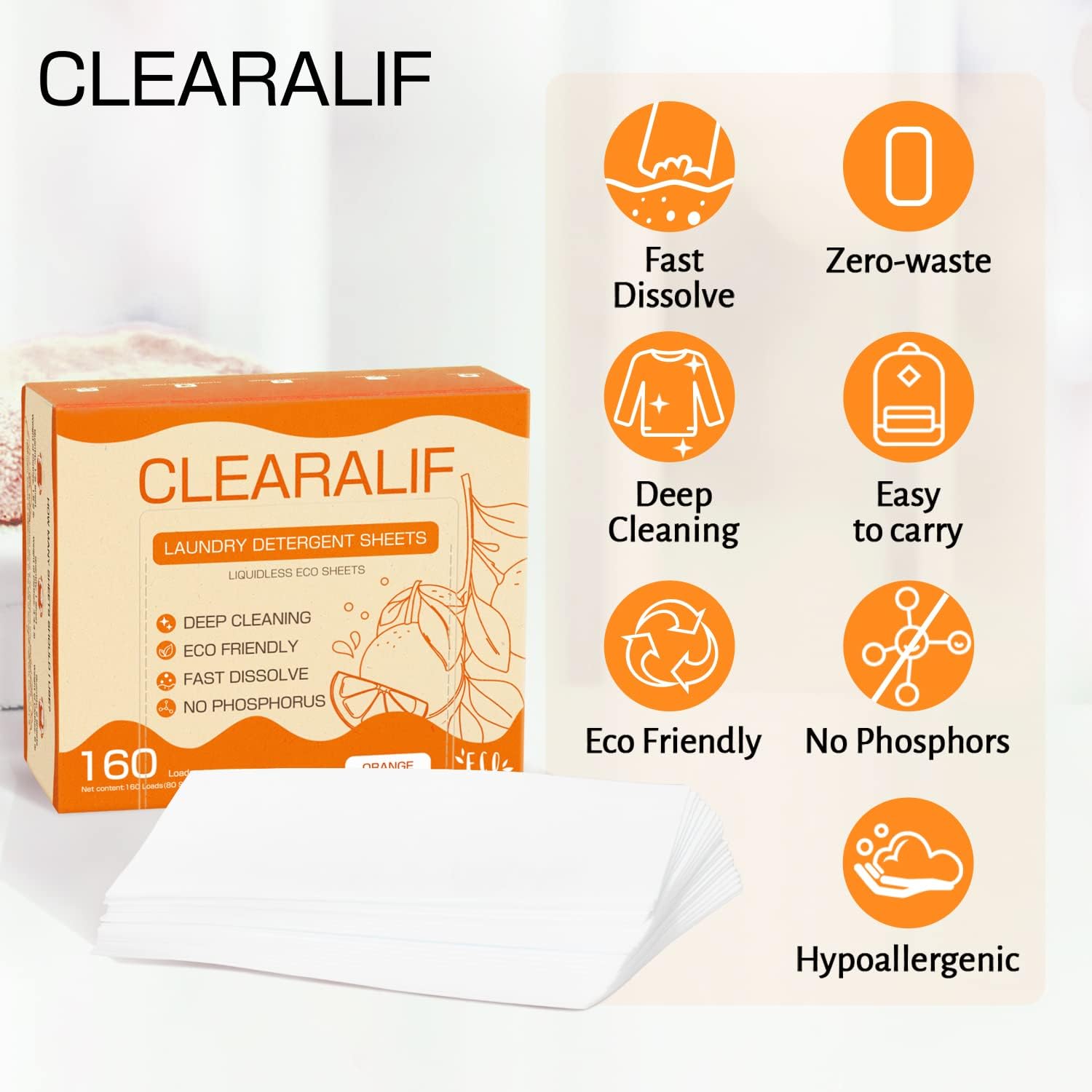 Laundry Detergent Sheets (480 Loads), Orange,Great For Travel,Apartments, Dorms,CLEARALIF Laundry