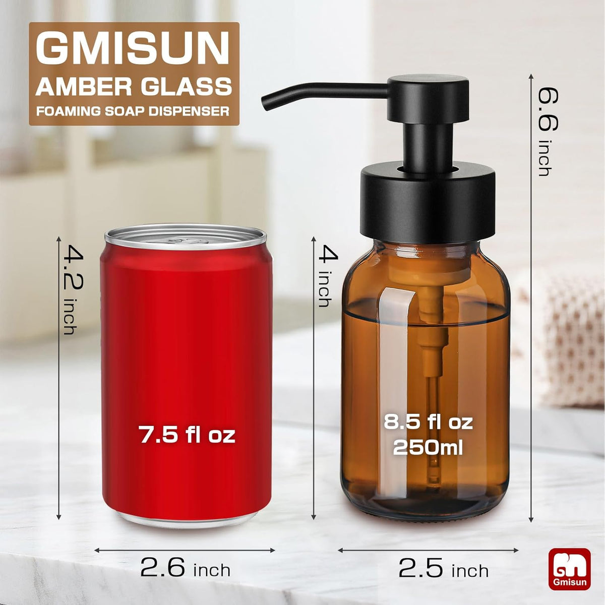 GMISUN Foaming Soap Dispenser, 8.5 fl oz / 250ml Amber Glass Foam Soap Dispenser for Bathroom &