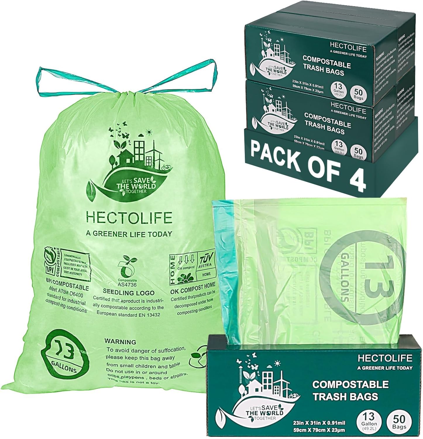 13 Gallon,200 Count, Compostable Trash Bags with Drawstring,Tear Resistant Kitchen Food Scrap Waste