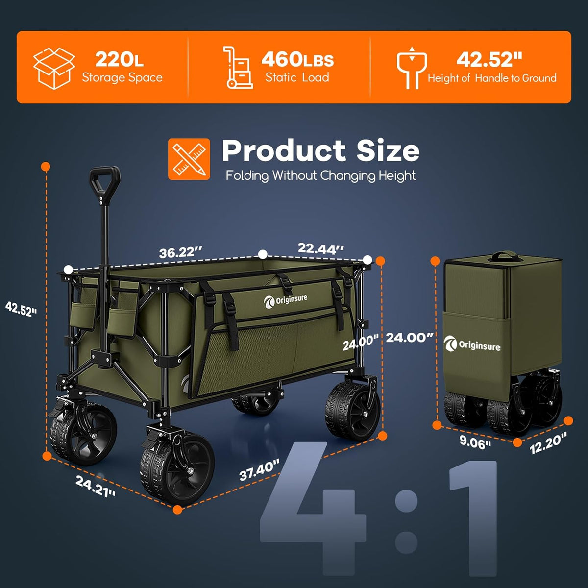 220L Collapsible Wagon Cart Foldable, 460lbs Load Capacity Heavy Duty Folding Beach Wagons with Big