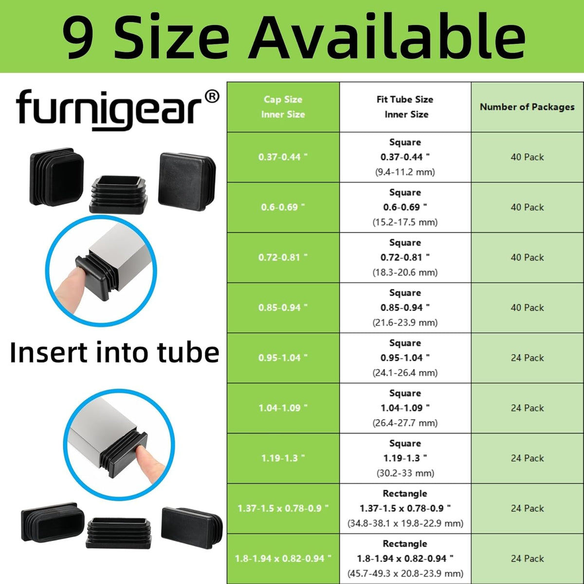 Furnigear Plastic Plugs Tubing End Cap Chair End Caps Outside Bottom Tubing Caps Square Furniture