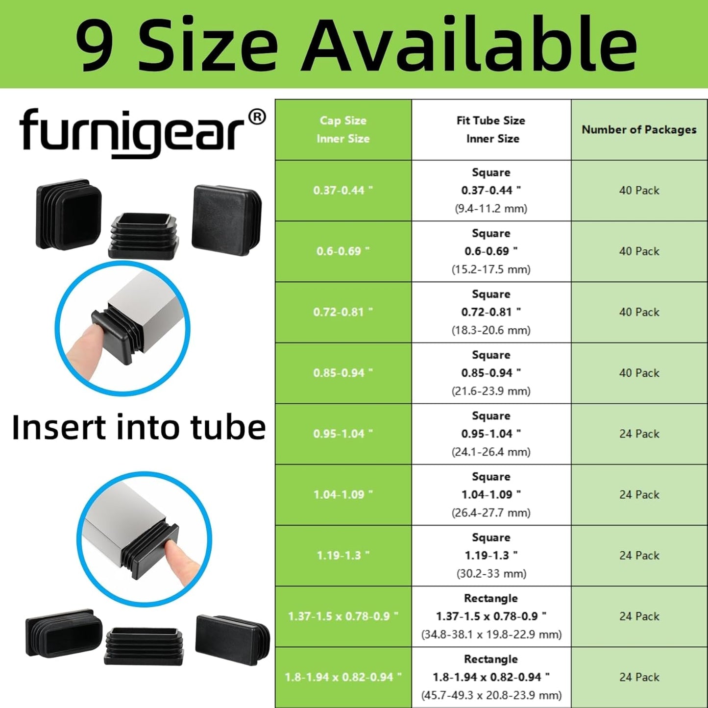 Furnigear Plastic Plugs Tubing End Cap Chair End Caps Outside Bottom Tubing Caps Square Furniture