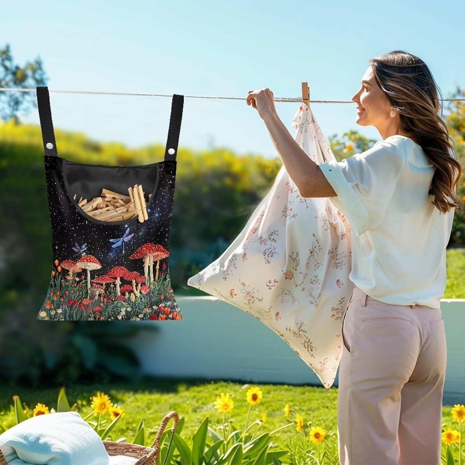 Red Mushroom Laundry Clothespin Bag - Adjustable Door-Hanging Storage Organizer with Rope for Home