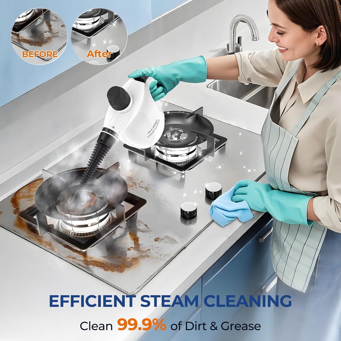 LABIGO Steam Cleaner, Pressurized Handheld 13pcs Multi-Purpose Natural Deep Cleaning Steamer