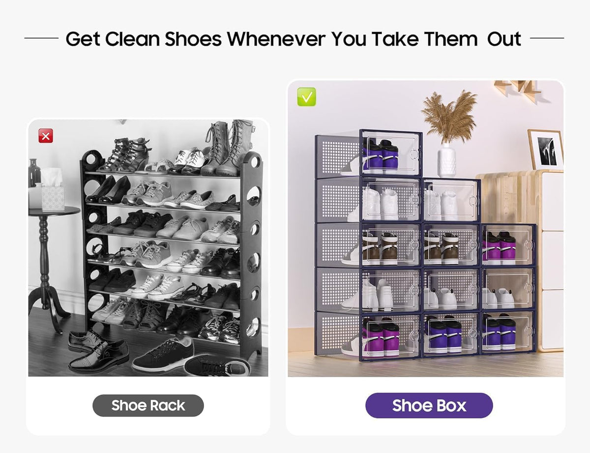 Kuject X-Large Shoe Storage Boxes Organizers Clear Plastic Stackable 12 Pack, Shoe Rack & Holder