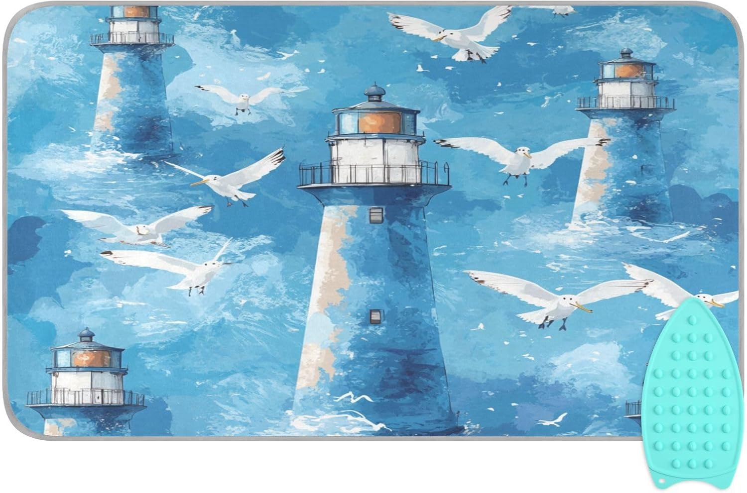 Watercolor Blue Lighthouses and Seagulls Ironing Mat Thickened Ironing Blanket Travel Portable