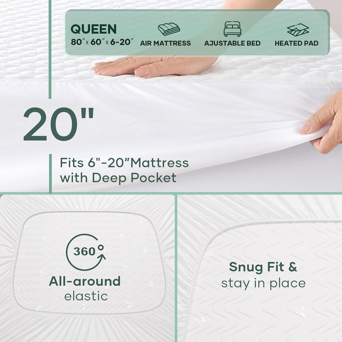 Ohgeni 100% Waterproof Mattress Protector, Queen Size-2 Pack, Fitted Sheet with Stretchable