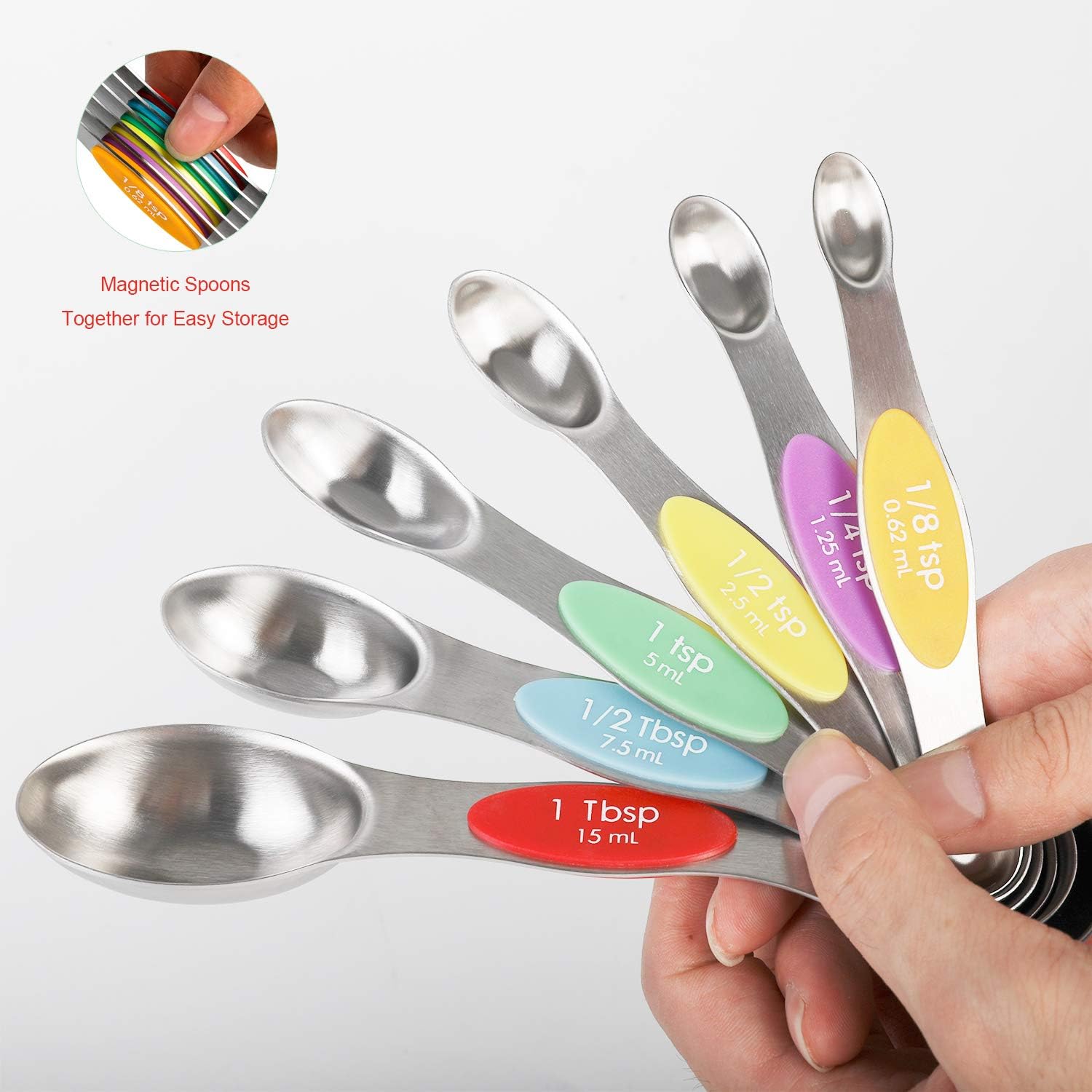 Magnetic Measuring Spoons Set Stainless Steel Stackable Dual Sided Teaspoons and Tablespoons for