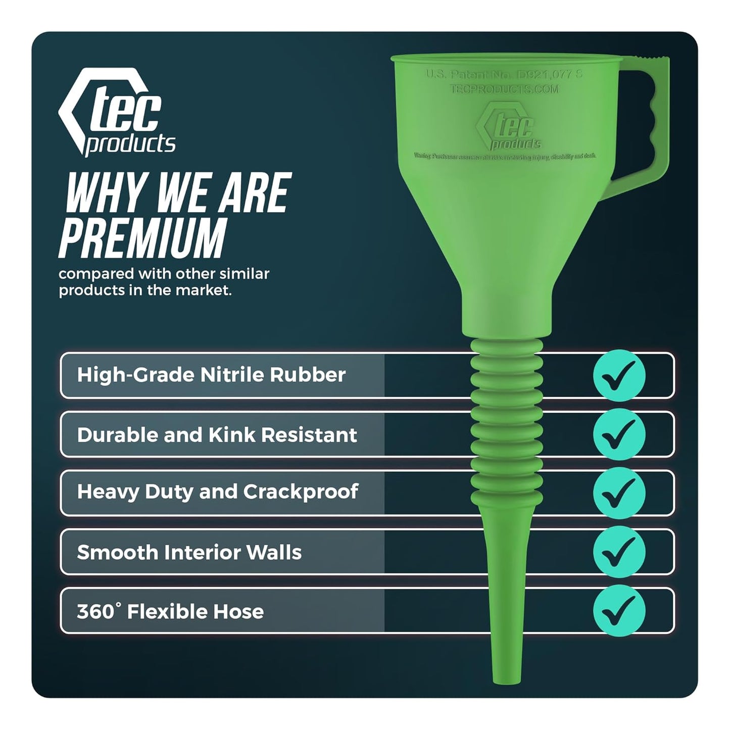 TEC Products FlexAll Long Flexible Funnel for Automotive Use - Durable Nitrile Rubber - Ideal for