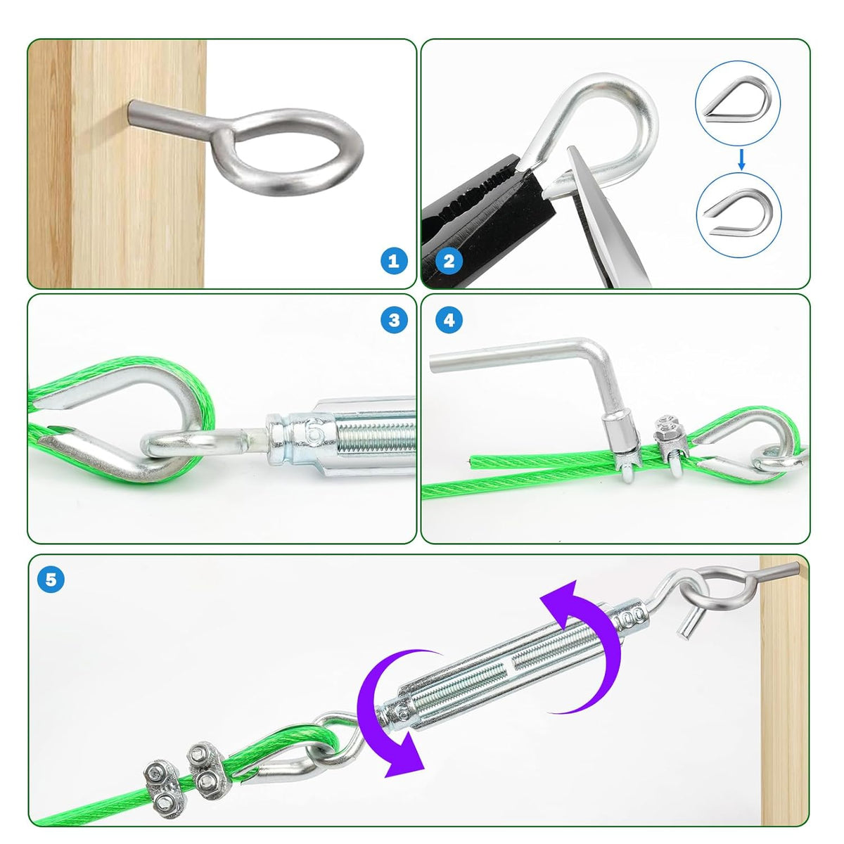 100 Ft Turnbuckles for Cables Wire, 3/16" Green PVC Coated Wire Rope Kit, Multi-use Steel Cable for