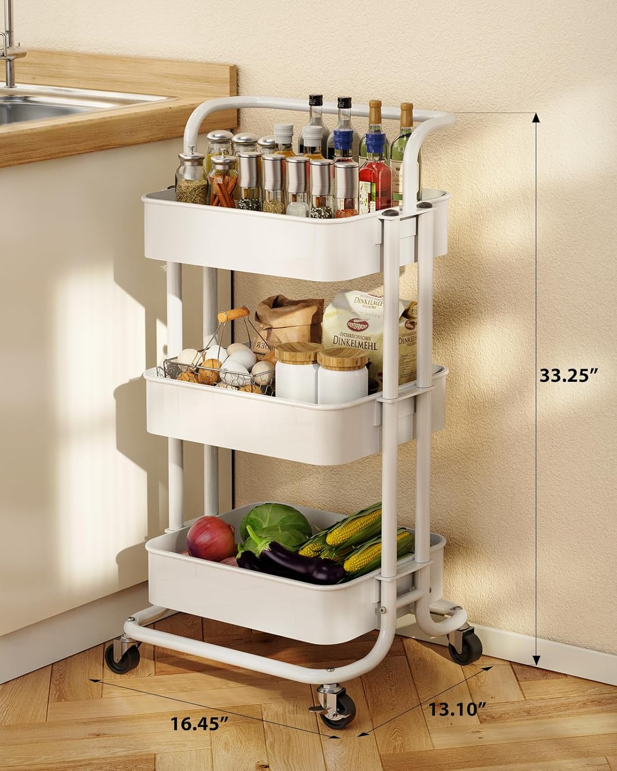 Pipishell 3 Tier Mesh Utility Cart, Rolling Metal Organization Cart with Handle and Lockable
