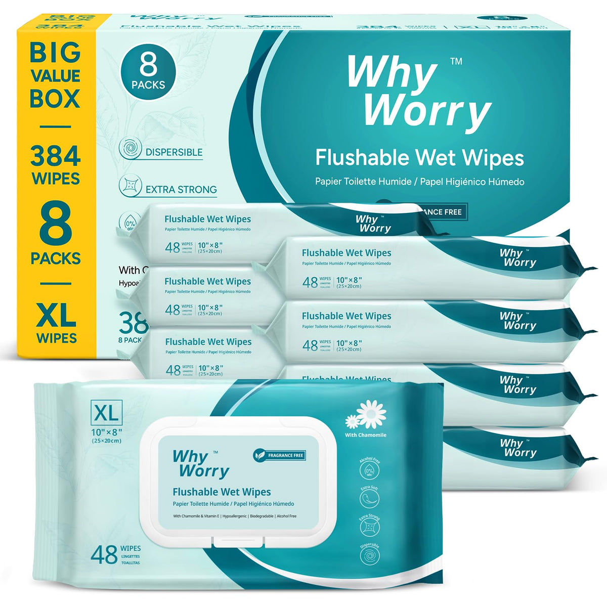 WhyWorry Flushable Wipes for Adults, Extra Large 8"x10" Butt Wipes for Personal Hygiene &