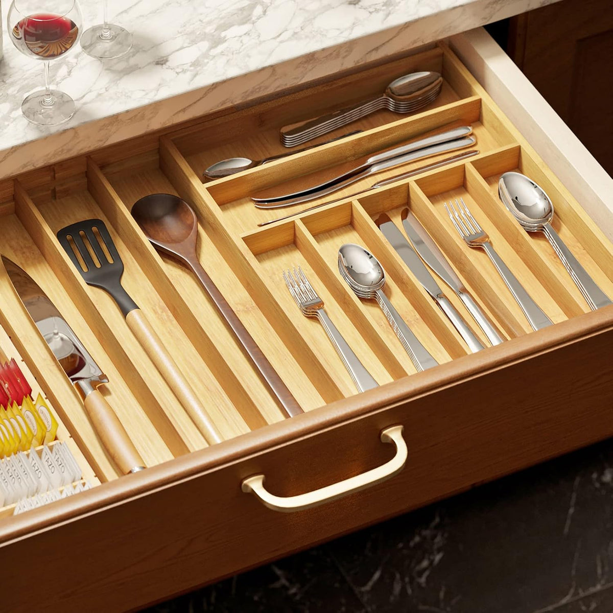 SpaceAid Bamboo Silverware Drawer Organizer with Labels, Kitchen Utensil Expandable Tray Holder