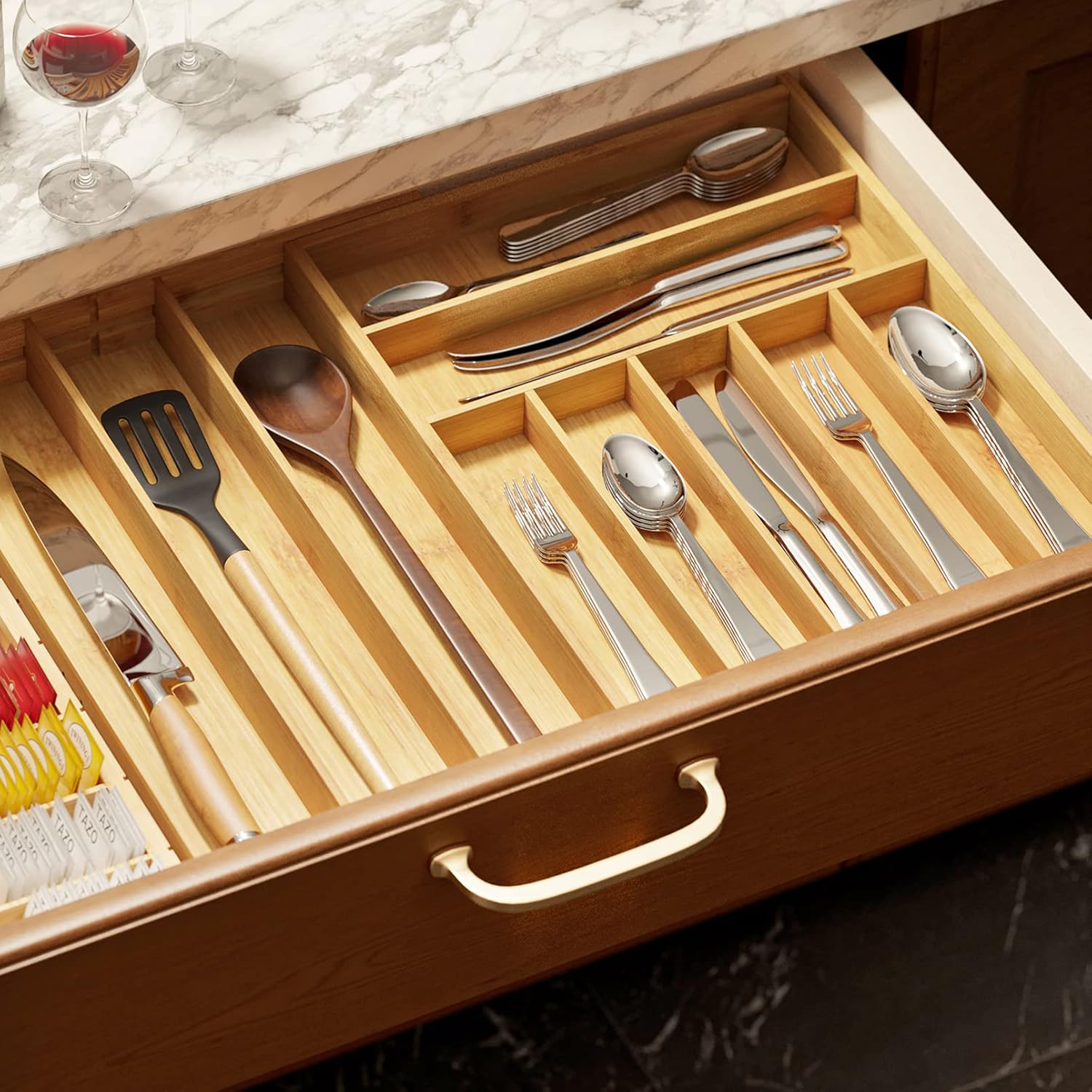 SpaceAid Bamboo Silverware Drawer Organizer with Labels, Kitchen Utensil Expandable Tray Holder