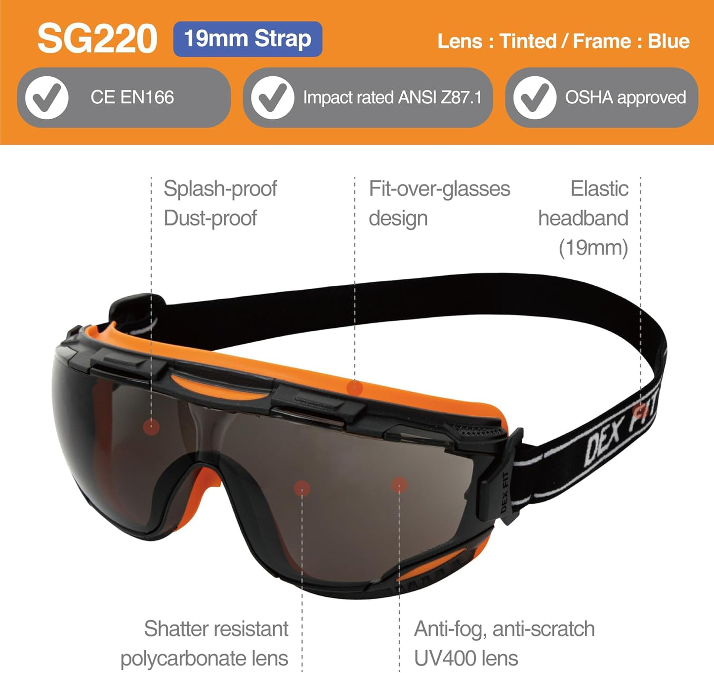 DEX FIT Protective Safety Goggles SG220; Anti Fog & Scratch, Z87 Eye Protection for Work
