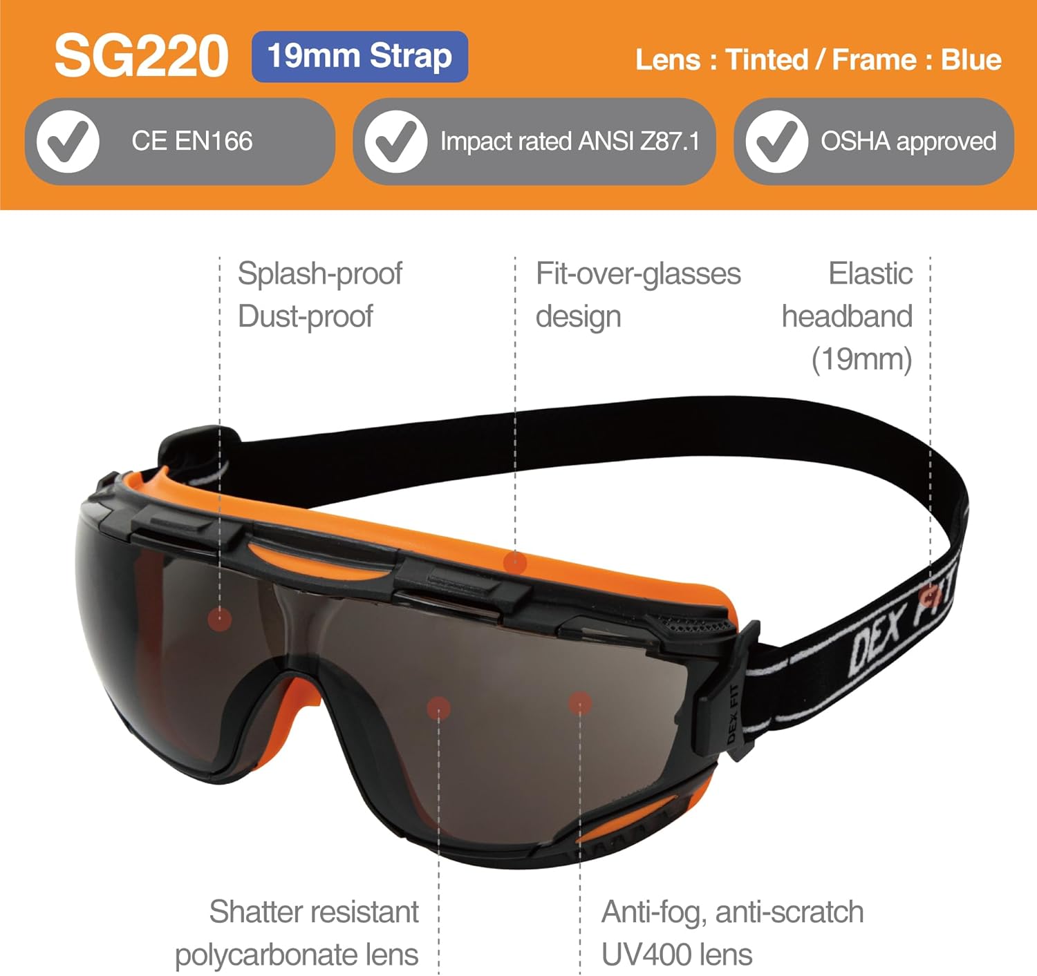 DEX FIT Protective Safety Goggles SG220; Anti Fog & Scratch, Z87 Eye Protection for Work