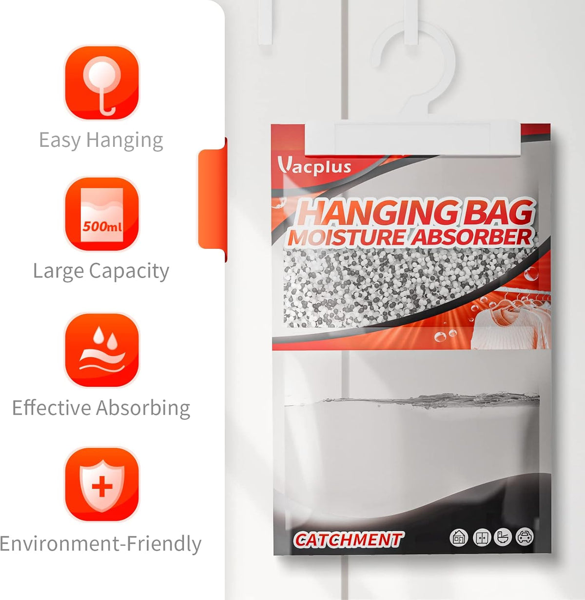 Vacplus Moisture Absorbers, Hanging Closet Dehumidifier Bags, Humidity Packs, Desiccant, Closet
