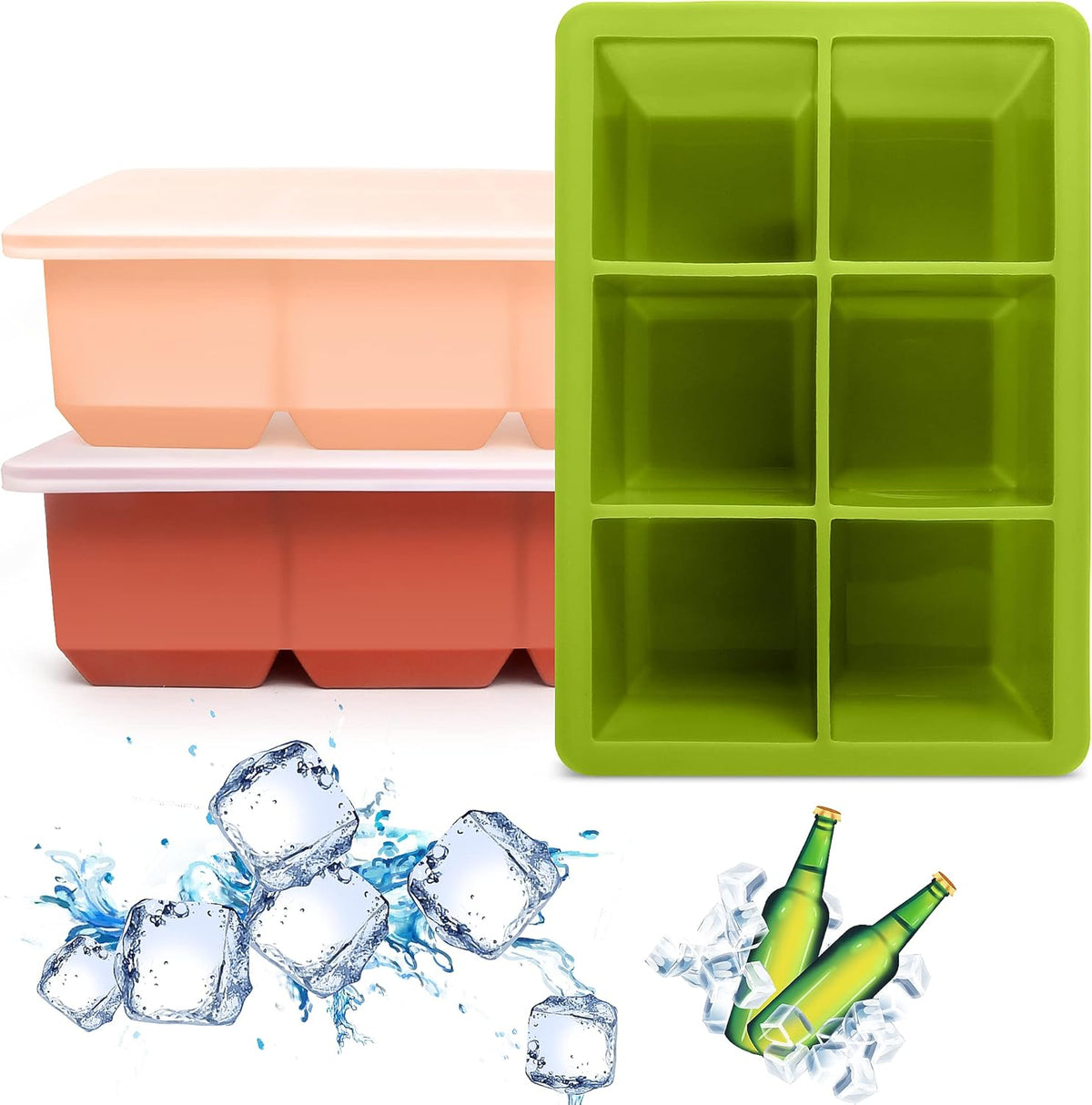 Silicone Ice Cube Trays 3 Pack - Large Size Silicone Ice Cube Molds with Leak Proof Removable Lid